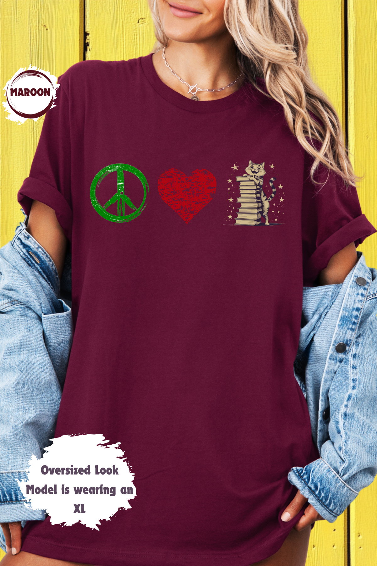 Peace Love Books Cats Vintage Bookworm Literary Hippie Style