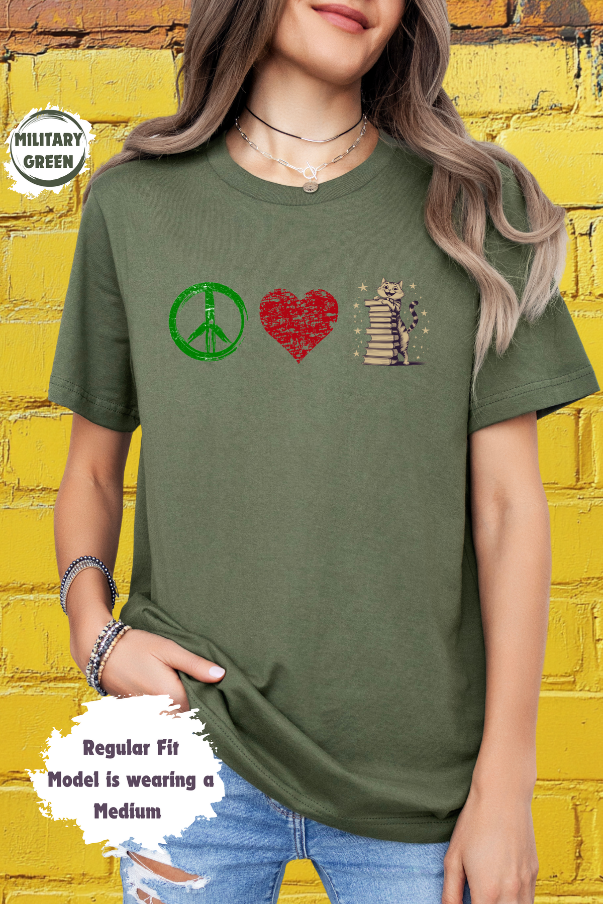 Peace Love Books Cats Vintage Bookworm Literary Hippie Style
