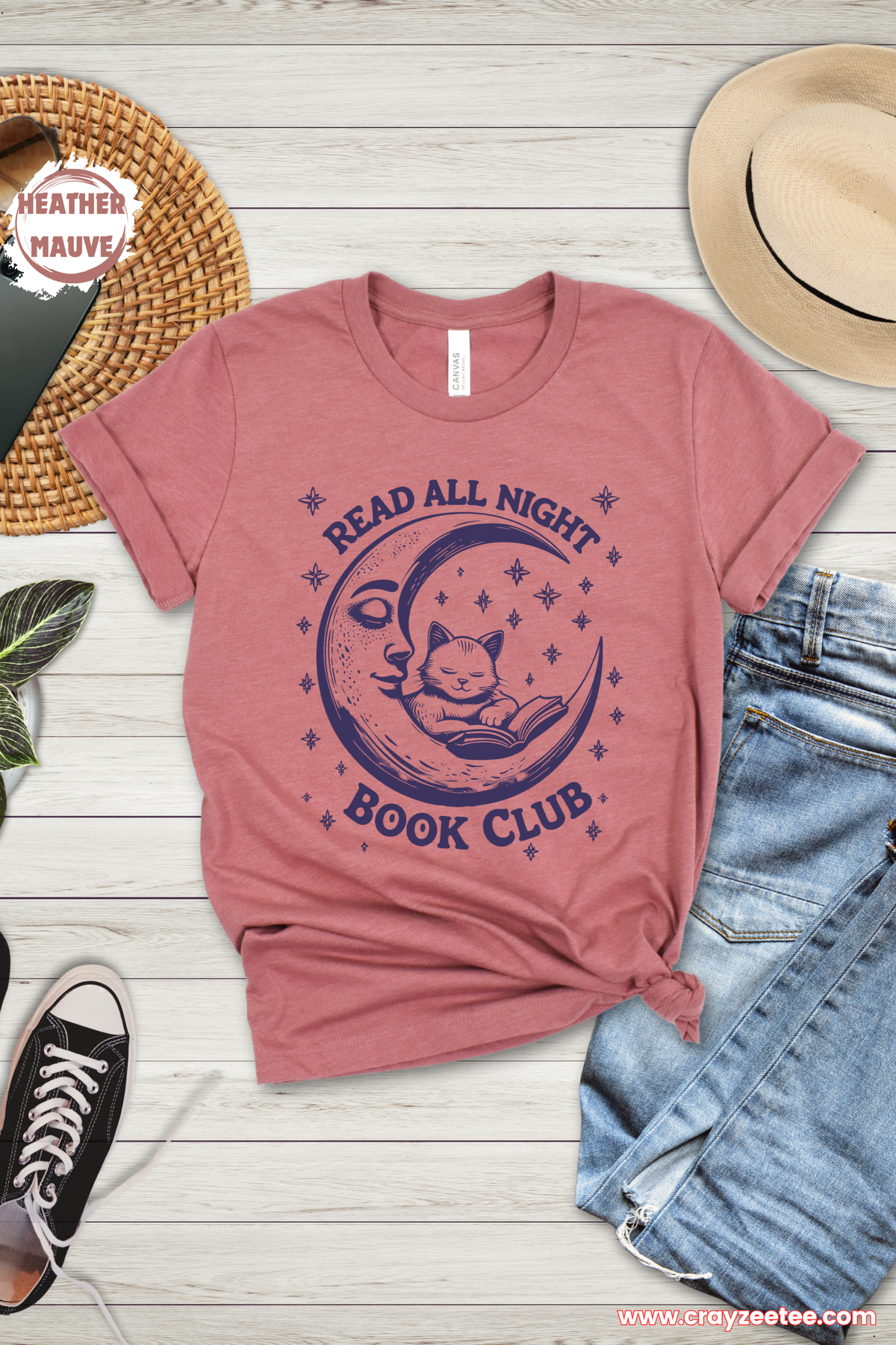 Read All Night Book Club design cat and moon T Shirt cozy Shirt Top perfect reader gift for book lovers