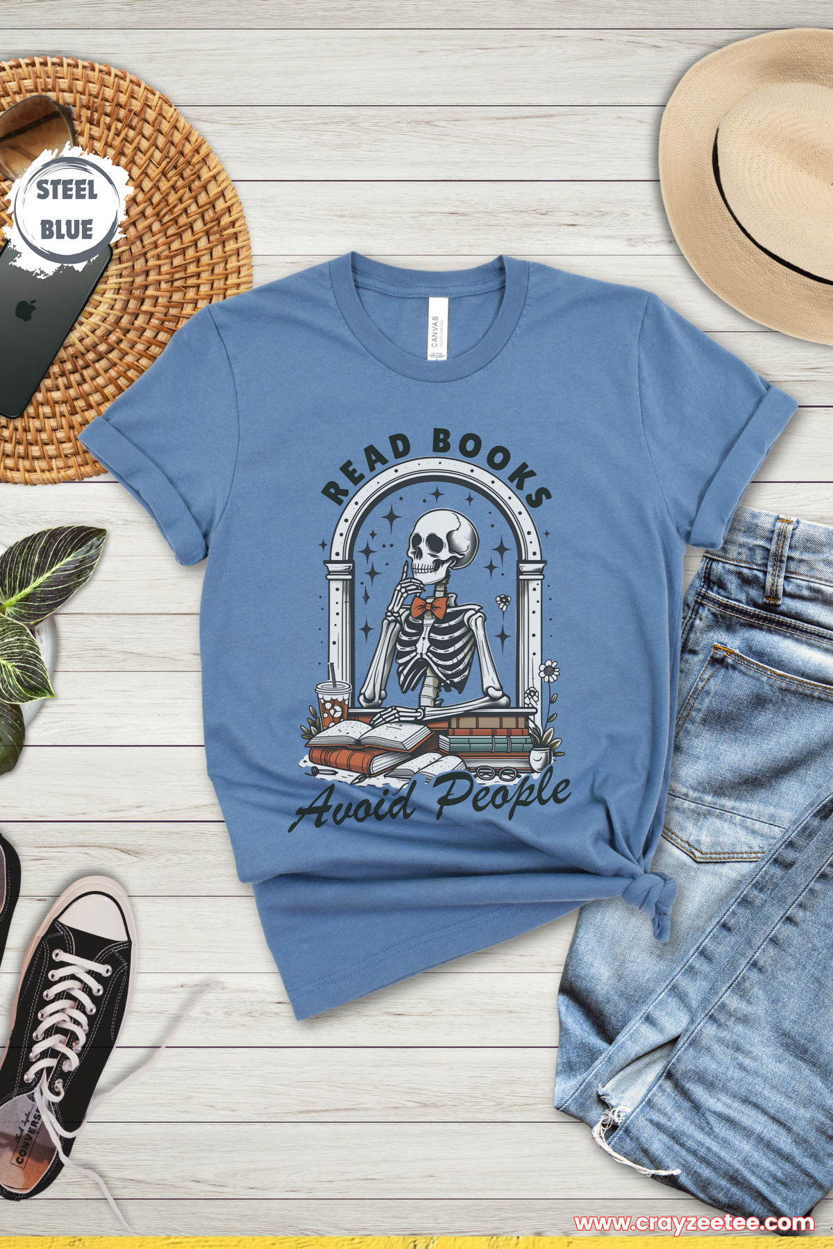 Read Books Avoid People Skeleton Reading Introverts T-Shirt Top Gift for book lovers