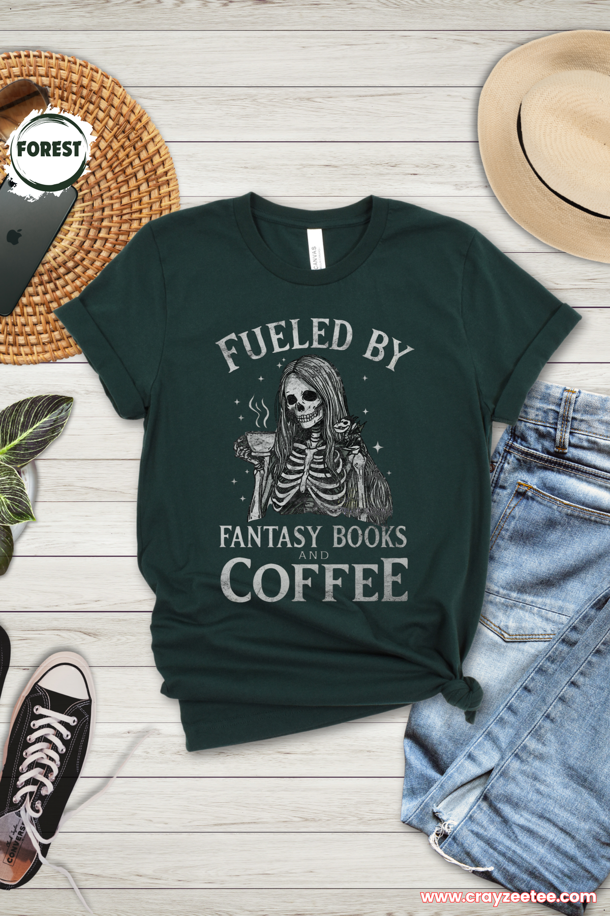 Fueled by Fantasy Books and Coffee skeleton T Shirt reader Shirt Top bibliophile Gift design for book lovers