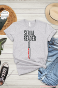 Serial Reader knife motif TShirt bold reader Shirt Top bibliophile Gift design for mystery fans and book lovers