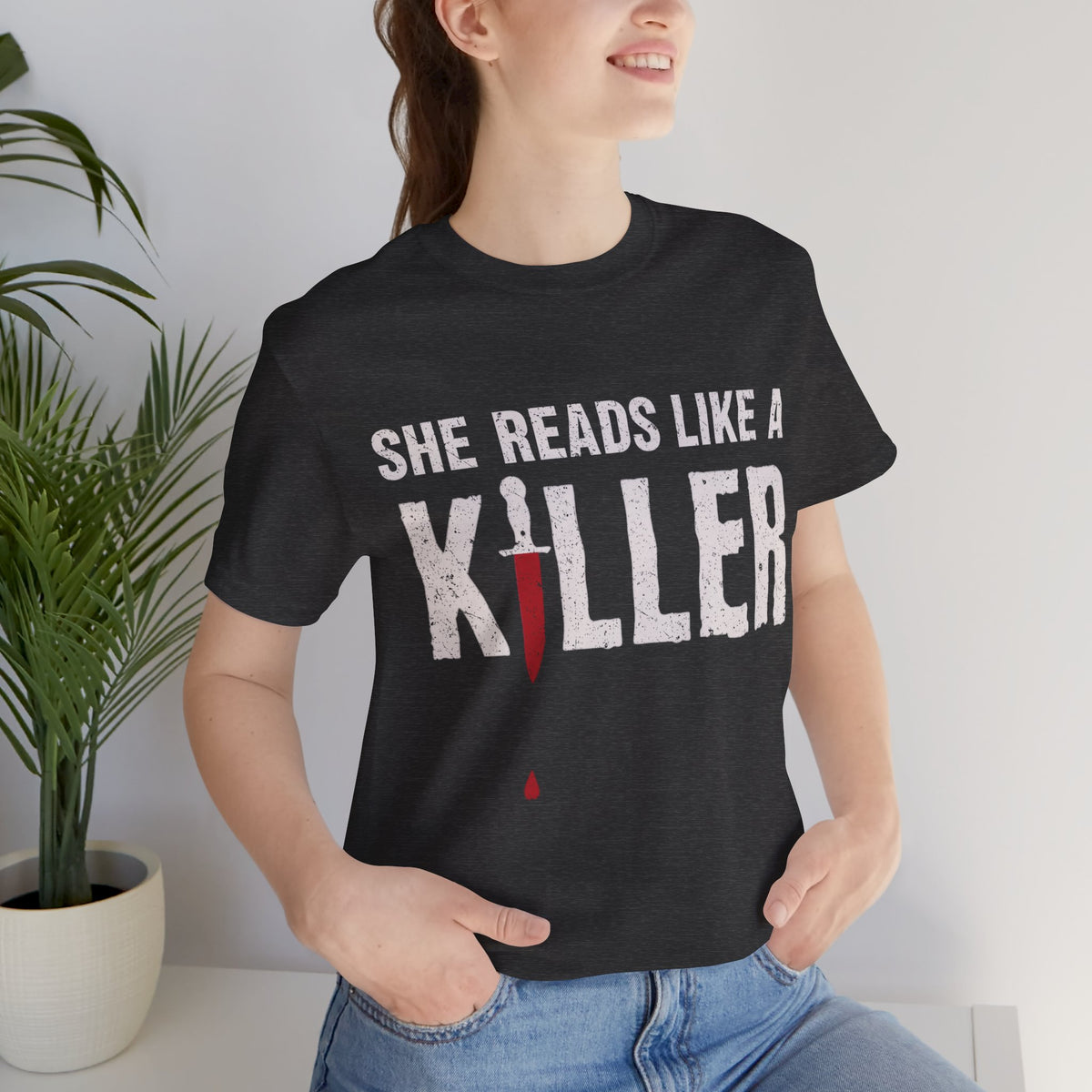 She Reads Like a Killer bold text dagger motif TShirt reader Shirt Top bibliophile Gift design for mystery fans