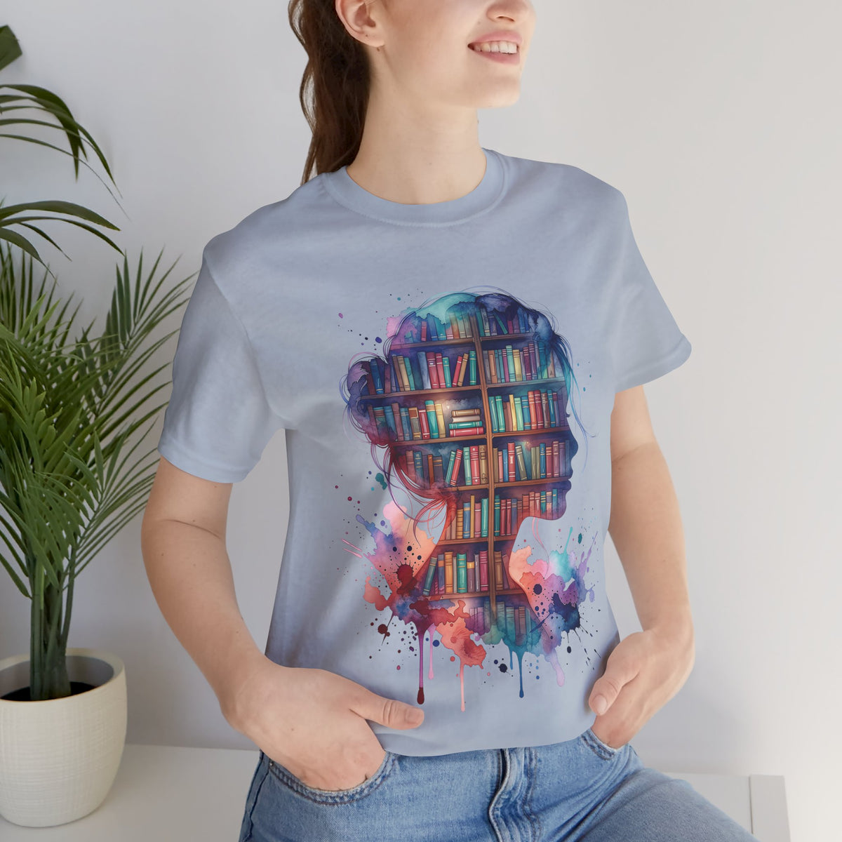 A Head Full of Books watercolor bookshelf silhouette TShirt bold reader Shirt Top bibliophile Gift design for book fans